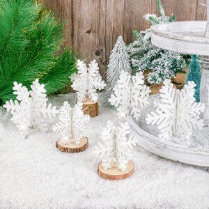 6 Set Glitter Christmas Wooden Snowflake Decor, 3D Winter Snowflake